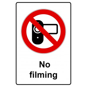 Schild Verbotszeichen Piktogramm & Text englisch · No filming (Verbotsschild)