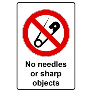 Schild Verbotszeichen Piktogramm & Text englisch · No needles or sharp objects | selbstklebend