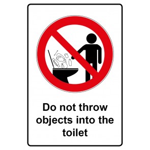 Schild Verbotszeichen Piktogramm & Text englisch · Do not throw objects into the toilet (Verbotsschild)