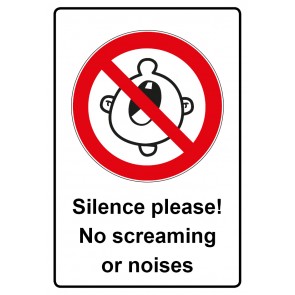 Aufkleber Verbotszeichen Piktogramm & Text englisch · Silence please! No screaming or noises | stark haftend
