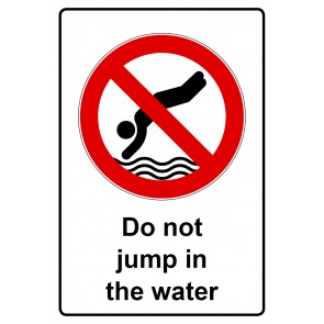 Aufkleber Verbotszeichen Piktogramm & Text englisch · Do not jump in the water (Verbotsaufkleber)