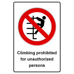 Aufkleber Verbotszeichen Piktogramm & Text englisch · Climbing prohibited for unauthorized persons | stark haftend
