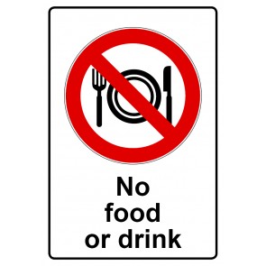 Schild Verbotszeichen Piktogramm & Text englisch · No food or drink (Verbotsschild)