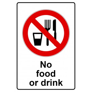 Schild Verbotszeichen Piktogramm & Text englisch · No food or drink (Verbotsschild)