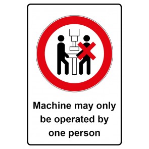 Schild Verbotszeichen Piktogramm & Text englisch · Machine may only be operated by one person (Verbotsschild)