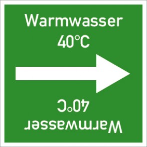 Rohrleitungskennzeichnung viereckig Warmwasser 40° C · Aufkleber | stark haftend
