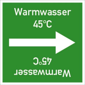 Schild Rohrleitungskennzeichnung viereckig Warmwasser 45° C · selbstklebend