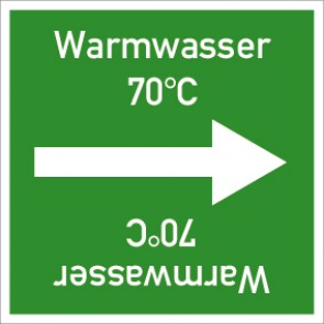 Rohrleitungskennzeichnung viereckig Warmwasser 70° C · Aluminium-Schild