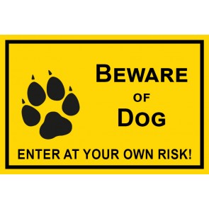 Schild Beware of Dog · Enter of your own risk | gelb · selbstklebend