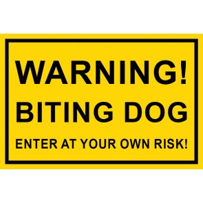 Schild Warning! Biting Dog · Enter at your own risk! | gelb · selbstklebend