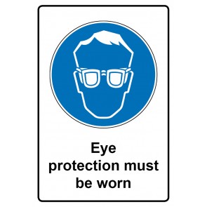 Gebotszeichen Aufkleber rechteckig mit Text · Eye protection must be worn | stark haftend