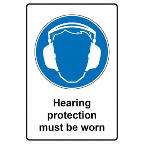 Schild Gebotszeichen rechteckig mit Text · Hearing protection must be worn · selbstklebend