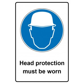 Gebotszeichen Aufkleber rechteckig mit Text · Head protection must be worn | stark haftend