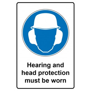 Schild Gebotzeichen Piktogramm & Text englisch · Hearing and head protection must be worn | selbstklebend (Gebotsschild)