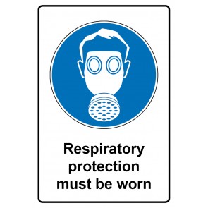 Gebotszeichen Aufkleber rechteckig mit Text · Respiratory protection must be worn | stark haftend