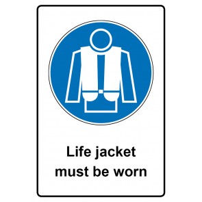 Schild Gebotszeichen Piktogramm & Text englisch · Life jacket must be worn (Gebotsschild)