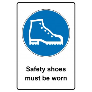 Schild Gebotszeichen Piktogramm & Text englisch · Safety shoes must be worn (Gebotsschild)