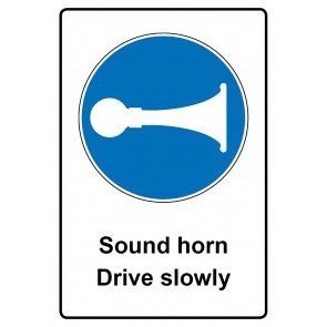 Schild Gebotszeichen Piktogramm & Text englisch · Sound horn drive slowly (Gebotsschild)