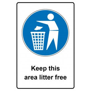 Aufkleber Gebotszeichen Piktogramm & Text englisch · Keep this area litter free | stark haftend (Gebotsaufkleber)