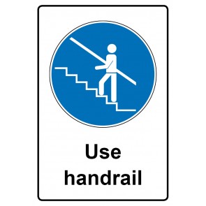 Schild Gebotszeichen Piktogramm & Text englisch · Use handrail