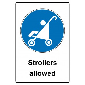Schild Gebotszeichen Piktogramm & Text englisch · Strollers allowed