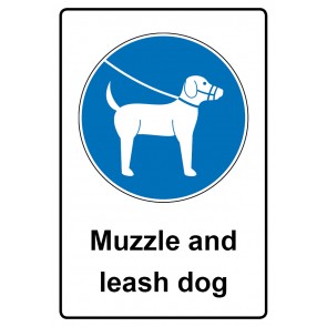 Schild Gebotzeichen Piktogramm & Text englisch · Muzzle and leash dog | selbstklebend (Gebotsschild)