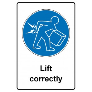 Aufkleber Gebotszeichen Piktogramm & Text englisch · Lift correctly (Gebotsaufkleber)