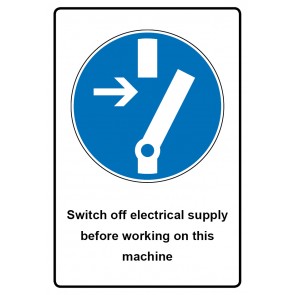 Schild Gebotszeichen Piktogramm & Text englisch · Switch off electrical supply before working on this machine (Gebotsschild)