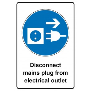Schild Gebotszeichen Piktogramm & Text englisch · Disconnect mains plug from electrical outlet (Gebotsschild)