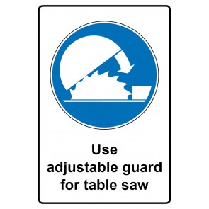 Schild Gebotszeichen Piktogramm & Text englisch · Use adjustable guard for table saw (Gebotsschild)