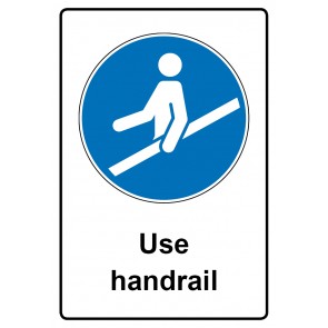 Schild Gebotszeichen Piktogramm & Text englisch · Use handrail (Gebotsschild)