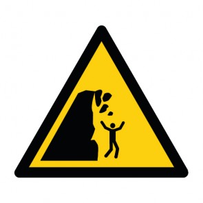 Schild Warnzeichen Warnung vor Steinschlag von instabiler Klippe · ISO 7010 W053 · selbstklebend