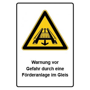 Aufkleber Warnzeichen Piktogramm & Text deutsch · Warnung vor Gefahr durch eine Förderanlage im Gleis