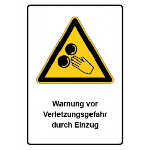 Schild Warnzeichen Piktogramm & Text deutsch · Warnung vor Verletzungsgefahr durch Einzug