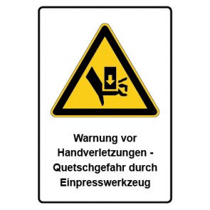 Schild Warnzeichen Piktogramm & Text deutsch · Warnung vor Handverletzungen - Quetschgefahr durch Einpresswerkzeug
