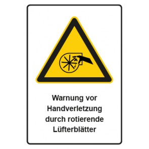 Aufkleber Warnzeichen Piktogramm & Text deutsch · Warnung vor Handverletzung durch rotierende Lüfterblätter (Warnaufkleber)