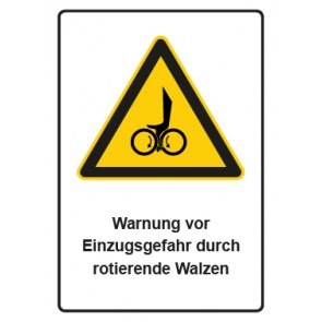 Schild Warnzeichen Piktogramm & Text deutsch · Warnung vor Einzugsgefahr durch rotierende Walzen