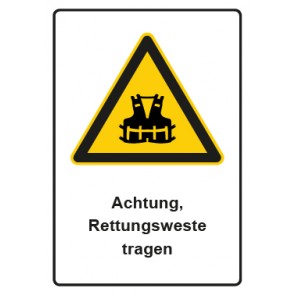 Schild Warnzeichen Piktogramm & Text deutsch · Hinweiszeichen Achtung, Rettungsweste tragen | selbstklebend