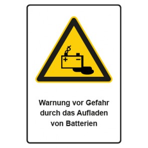 Schild Warnzeichen Piktogramm & Text deutsch · Warnung vor Gefahr durch das Aufladen von Batterien