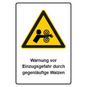 Schild Warnzeichen Piktogramm & Text deutsch · Warnung vor Einzugsgefahr durch gegenläufige Walzen