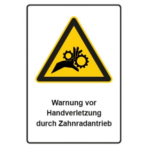Schild Warnzeichen Piktogramm & Text deutsch · Warnung vor Handverletzung durch Zahnradantrieb | selbstklebend