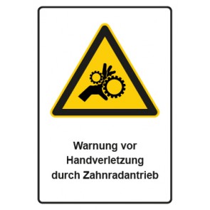 Aufkleber Warnzeichen Piktogramm & Text deutsch · Warnung vor Handverletzung durch Zahnradantrieb (Warnaufkleber)