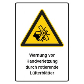Aufkleber Warnzeichen Piktogramm & Text deutsch · Warnung vor Handverletzung durch rotierende Lüfterblätter (Warnaufkleber)