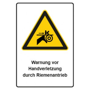 Schild Warnzeichen Piktogramm & Text deutsch · Warnung vor Handverletzung durch Riemenantrieb