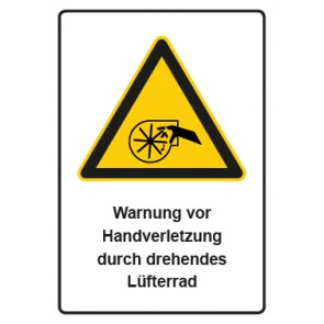 Schild Warnzeichen Piktogramm & Text deutsch · Warnung vor Handverletzung durch drehendes Lüfterrad | selbstklebend