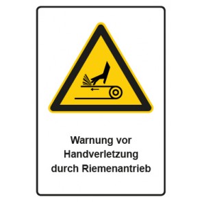 Aufkleber Warnzeichen Piktogramm & Text deutsch · Warnung vor Handverletzung durch Riemenantrieb | stark haftend
