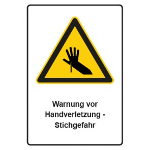 Schild Warnzeichen Piktogramm & Text deutsch · Warnung vor Handverletzung - Stichgefahr | selbstklebend