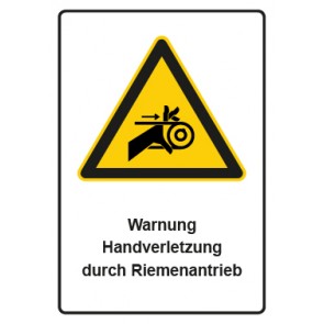 Schild Warnzeichen Piktogramm & Text deutsch · Warnung Handverletzung durch Riemenantrieb | selbstklebend
