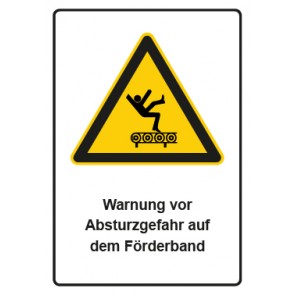 Schild Warnzeichen Piktogramm & Text deutsch · Warnung vor Absturzgefahr auf dem Förderband