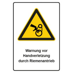 Schild Warnzeichen Piktogramm & Text deutsch · Warnung vor Handverletzung durch Riemenantrieb